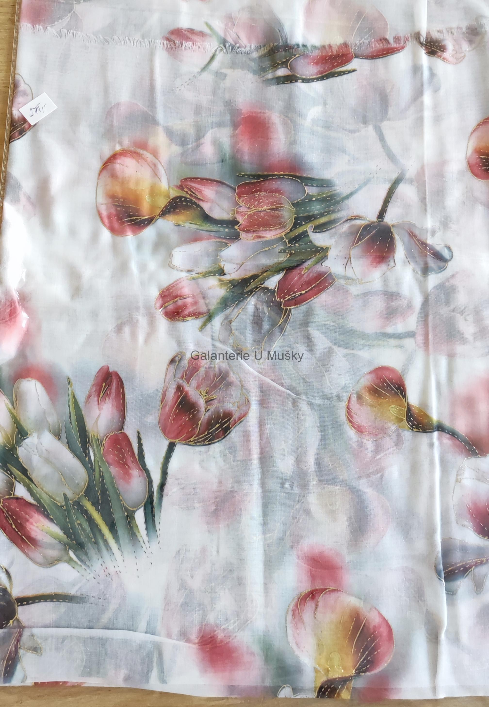 Jarní šála/šátek - vzorovaná - kala tulipán na bílé